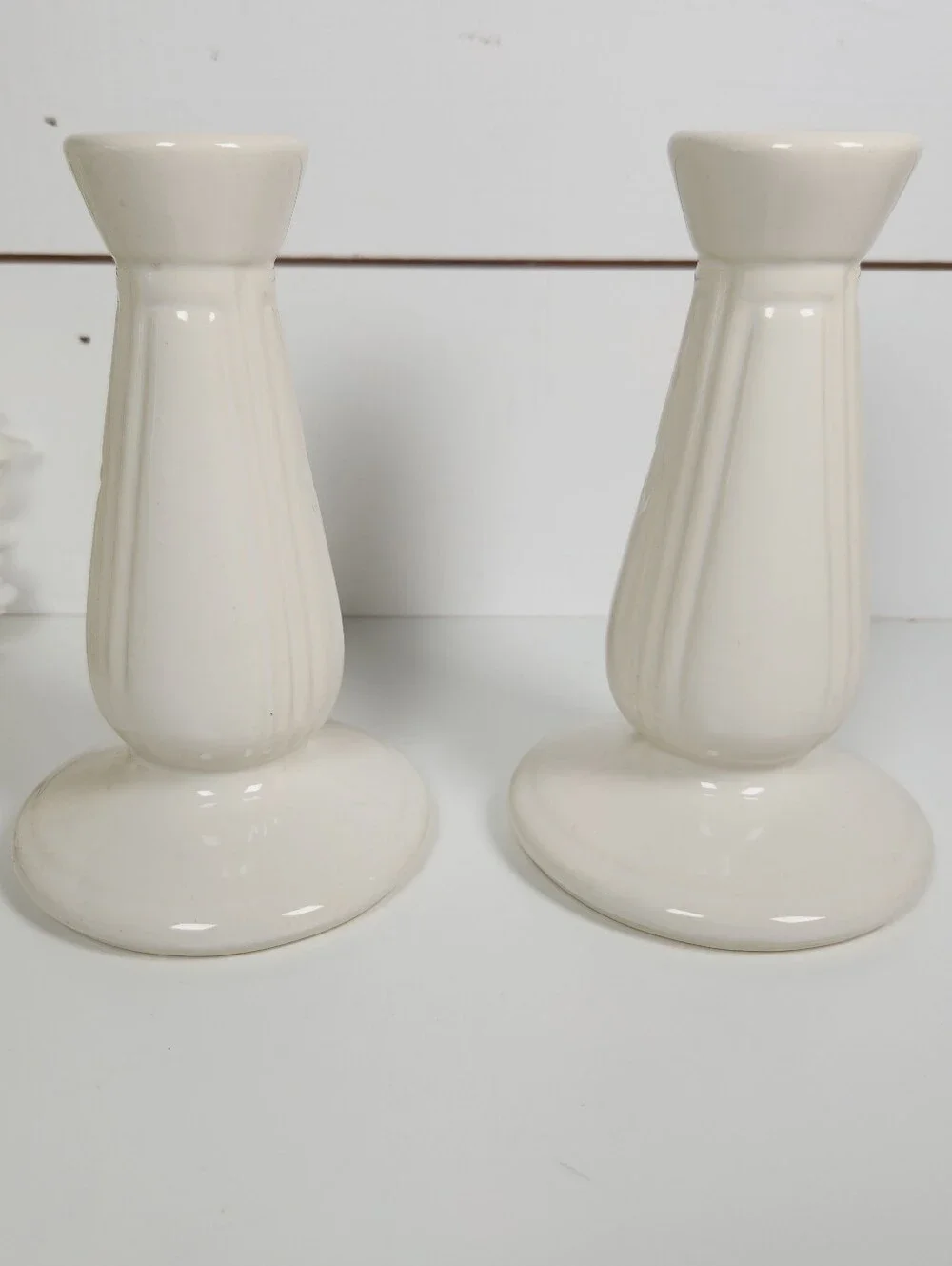 Vintage Pair of White Ceramic Pottery Candlestick Holders,  Art Deco Design